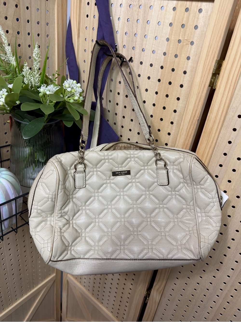 kate spade Quilted Cream Satchel with Chain-Detail Straps